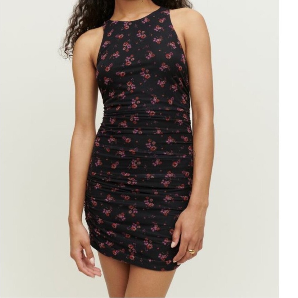 Reformation Tiel Floral Ruched Mini Dress in Black Polyester-small